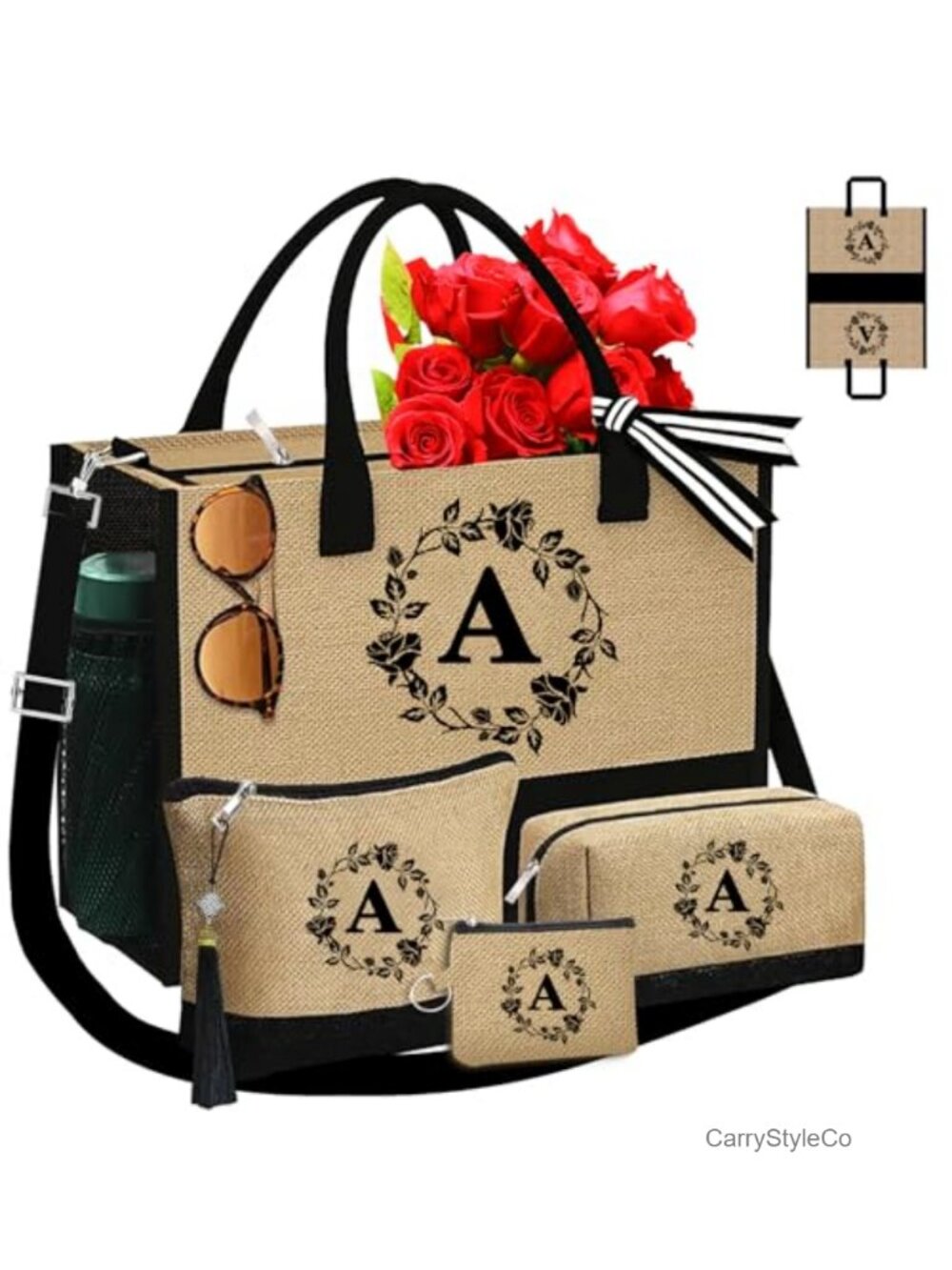 Monogram Jute Tote Bag Set 4Pc